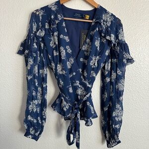 Polo Ralph Lauren V-Neck Floral Blouse Peplum with Belt Long Sleeve Size Small